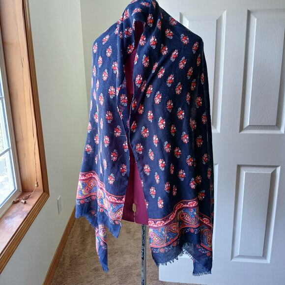 Floral Paisley Scarf navy blue red 6ft 72"L 32"W warm fringe - Picture 2 of 9